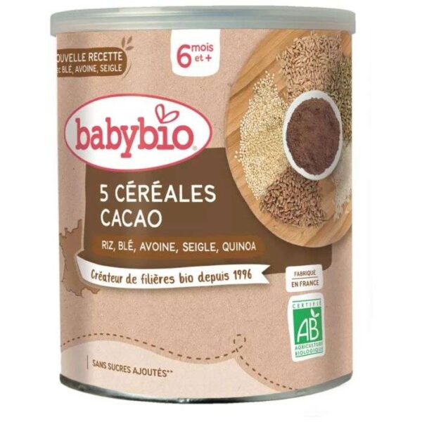 BABYBIO 5 CEREALES CACAO RIZ BLE AVOINE SEIGLE QUINOA 220G 6 MOIS +