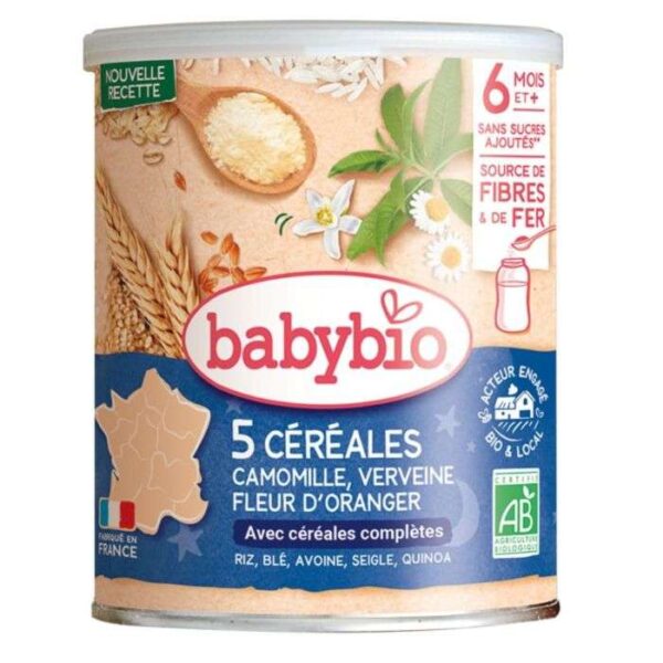 BABYBIO 5 CEREALES VERVEINE ET FLEUR D&rsquo;ORANGER ET CAMOMILLE 6 MOIS + 220 G
