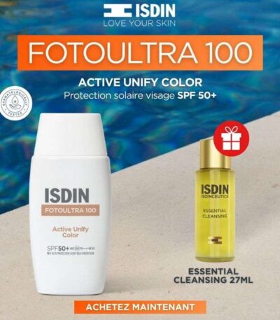 ISDIN OFFRE WEB FOTO ULTRA 100 ISDIN ACTIVE UNIFY COLOR FUSION FLUID SPF50+ 50 ML + CLEANSING OIL 27ML OFFERT