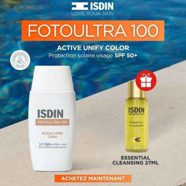 ISDIN OFFRE WEB FOTO ULTRA 100 ISDIN ACTIVE UNIFY COLOR FUSION FLUID SPF50+ 50 ML + CLEANSING OIL 27ML OFFERT