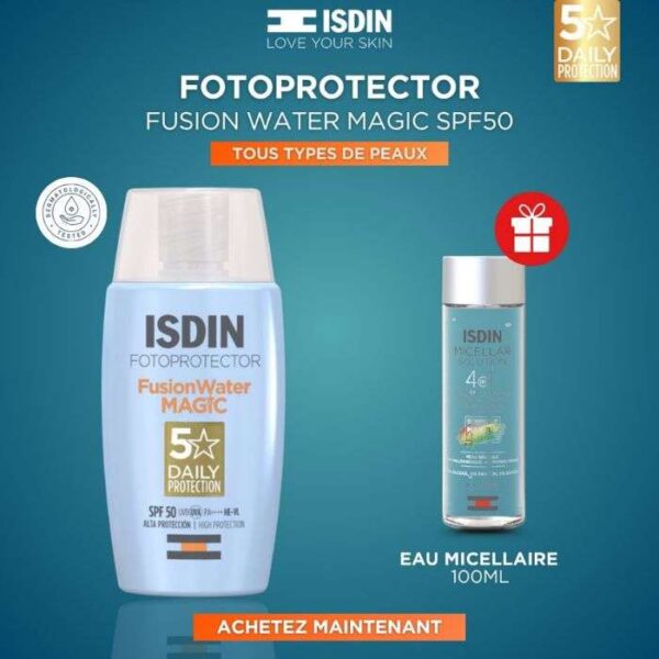 ISDIN OFFRE WEB FOTOPROTECTOR FUSION WATER SPF 50+ MAGIC 50 ML + EAU MICELLAIRE 100ML OFFERTE