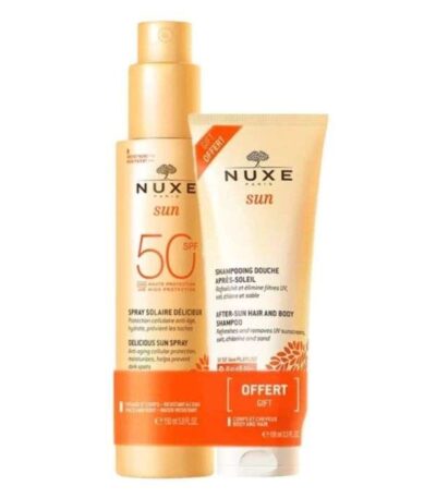 NUXE OFFRE SUN SPRAY SOLAIRE DELICIEUX 150 ML SPF 50+ SHAMPOING DOUCHE APRES SOLEIL 100 ML